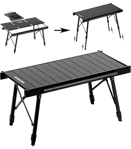 Black folding table with adjustable top on a white background