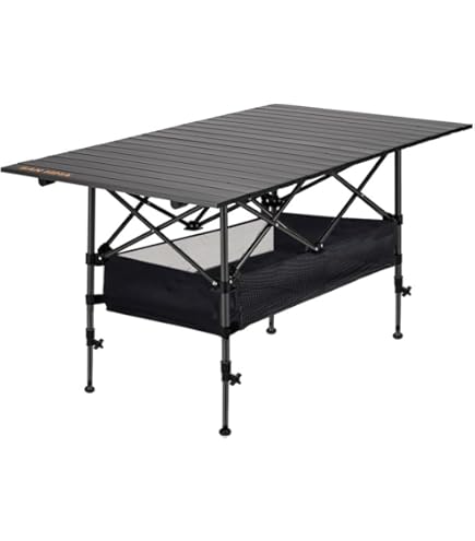 Camping table with a black frame and gray top on a white background