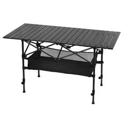 Black folding camping table on a white background