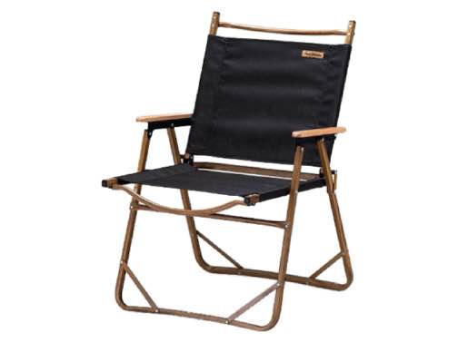 Black folding chair with brown frame on a white background
