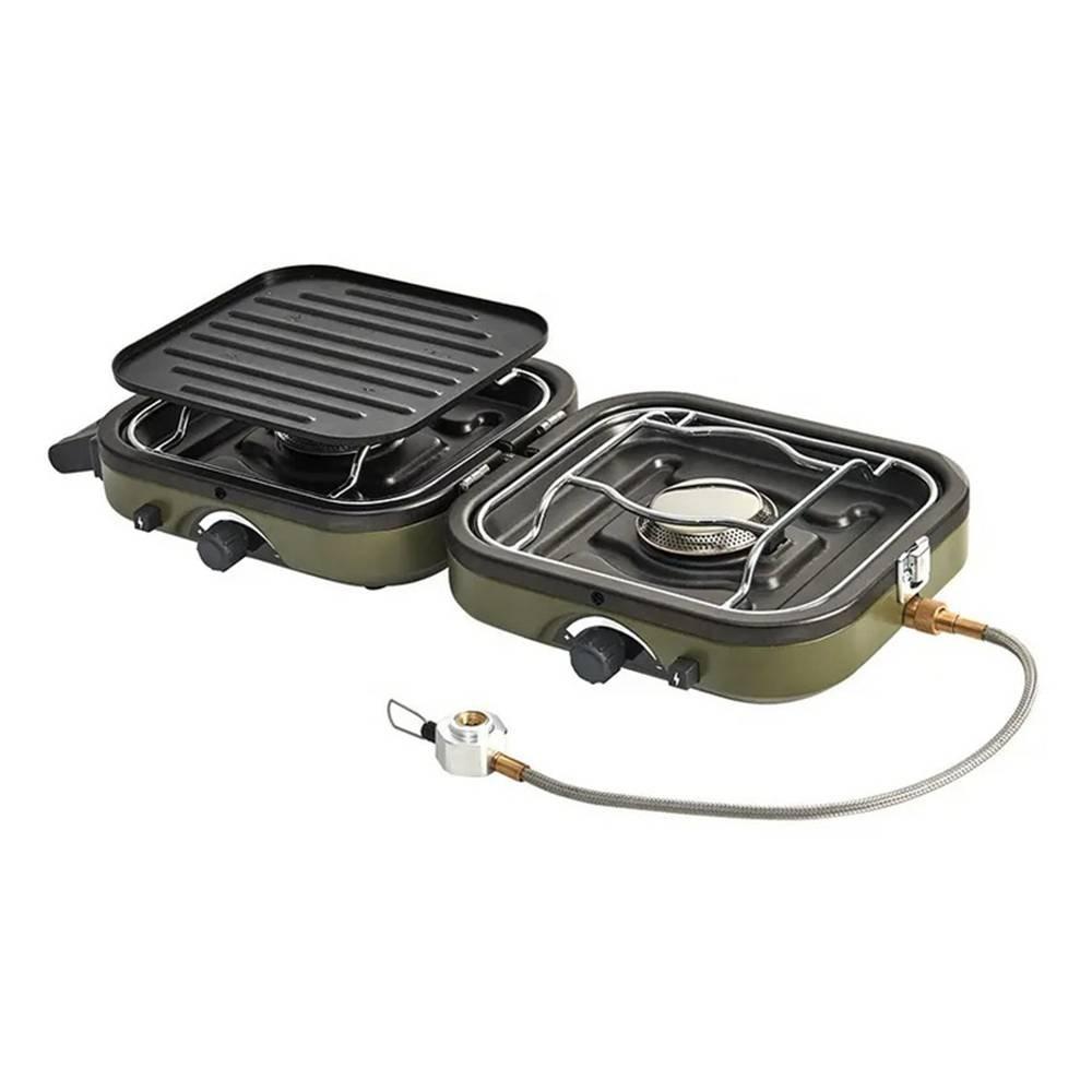Portable stove with grill top on a white background