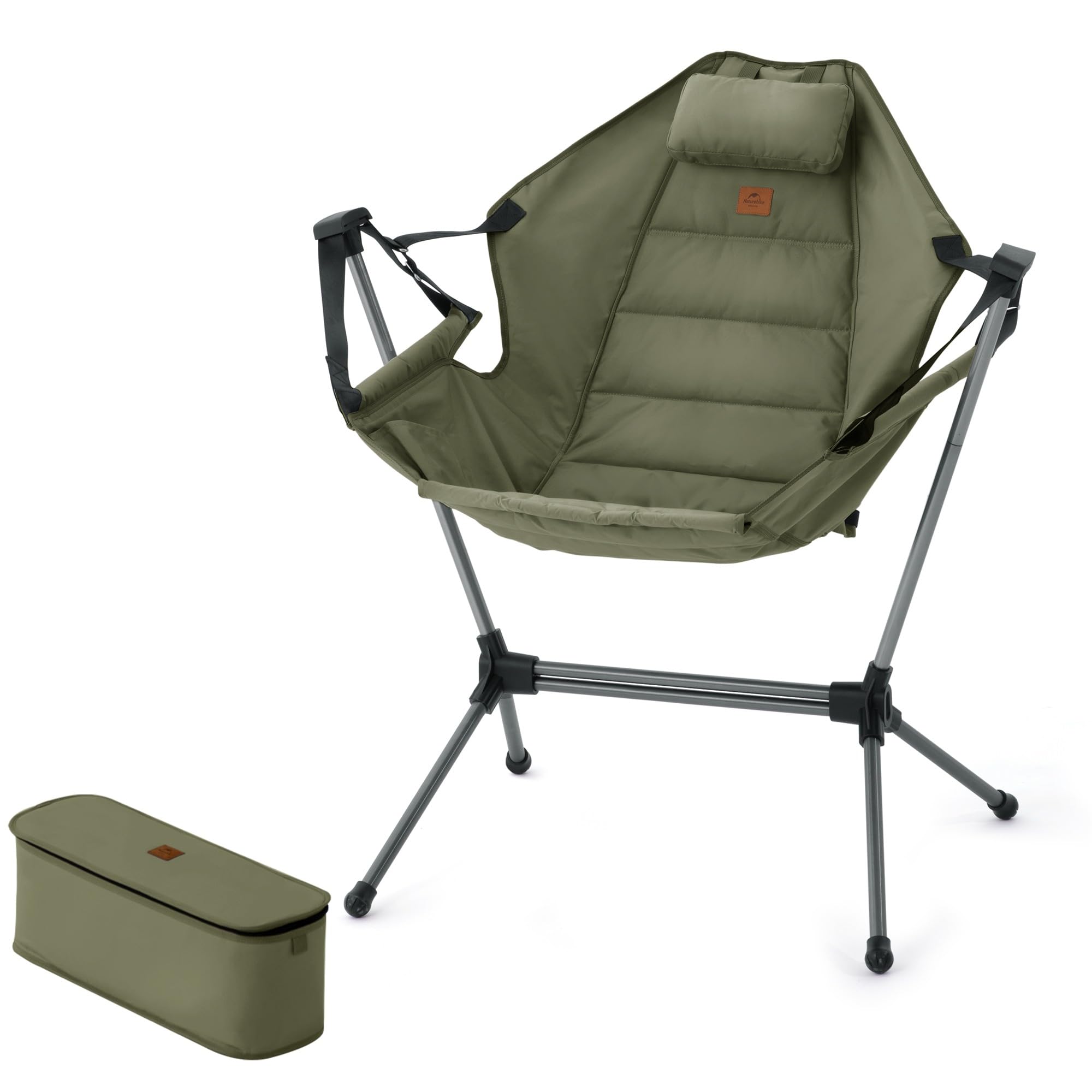 Green camping chair with carrying case on a white background