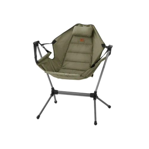 Green camping chair with a stand on a white background