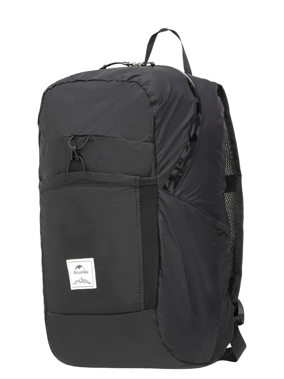 Black backpack with a visible brand logo on a white background