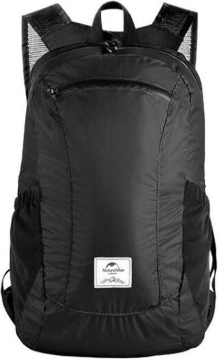 Black backpack with a visible brand label on a white background