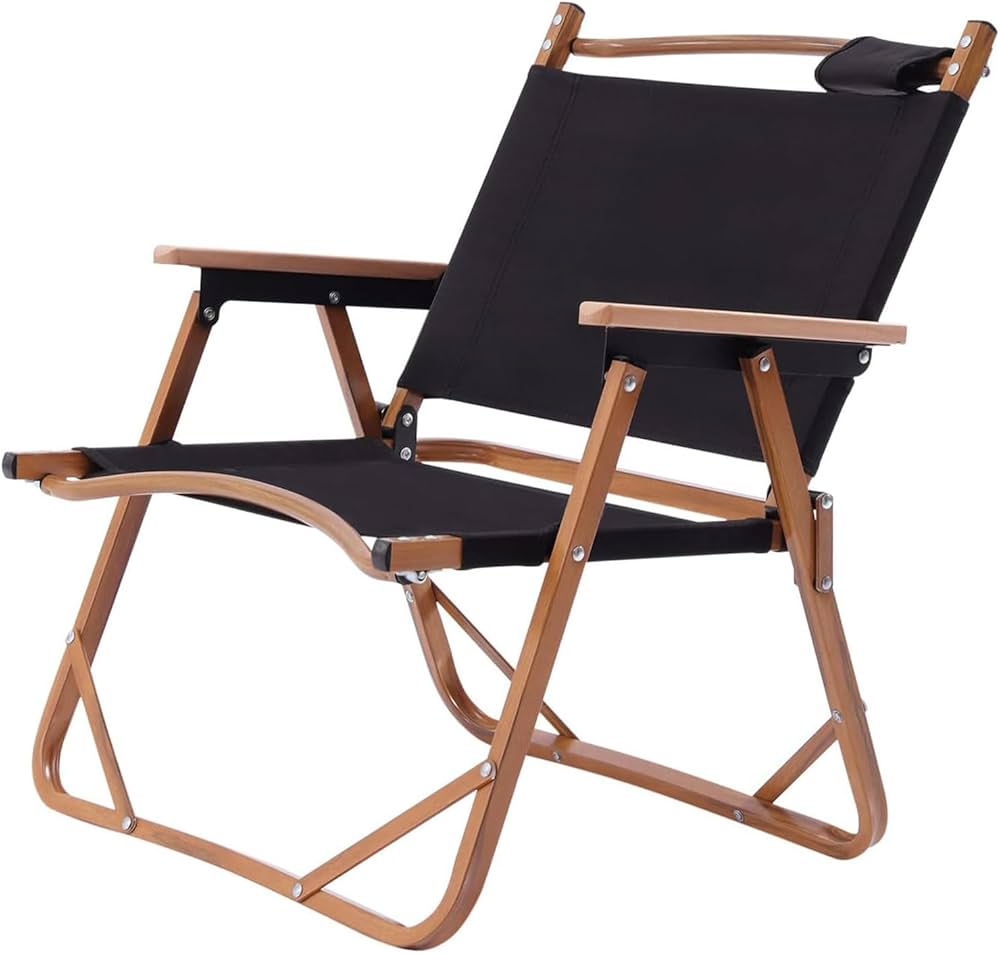 Black folding chair with wooden frame on a white background