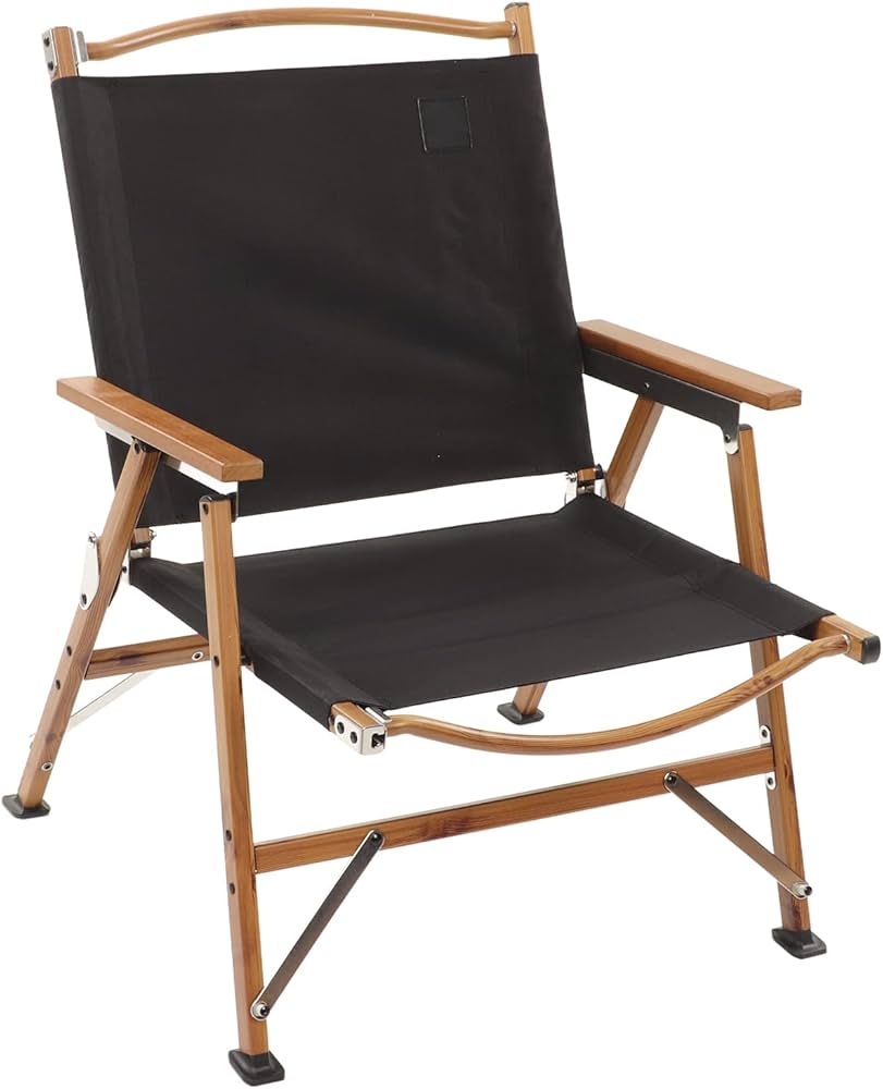 Black folding chair with wooden frame on a white background