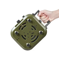 Green metal tool box with a hand holding it on a white background