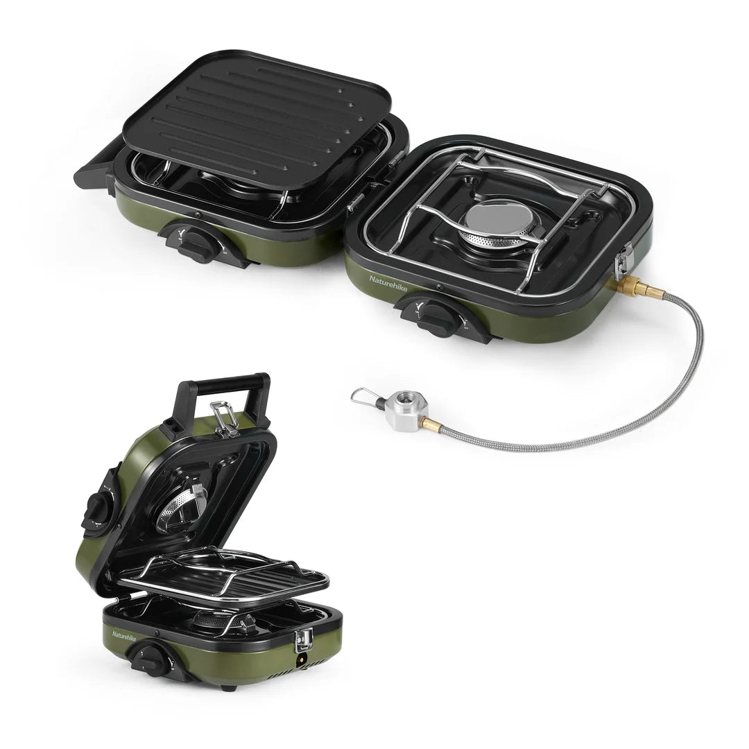 Portable camping stove with grill on a white background