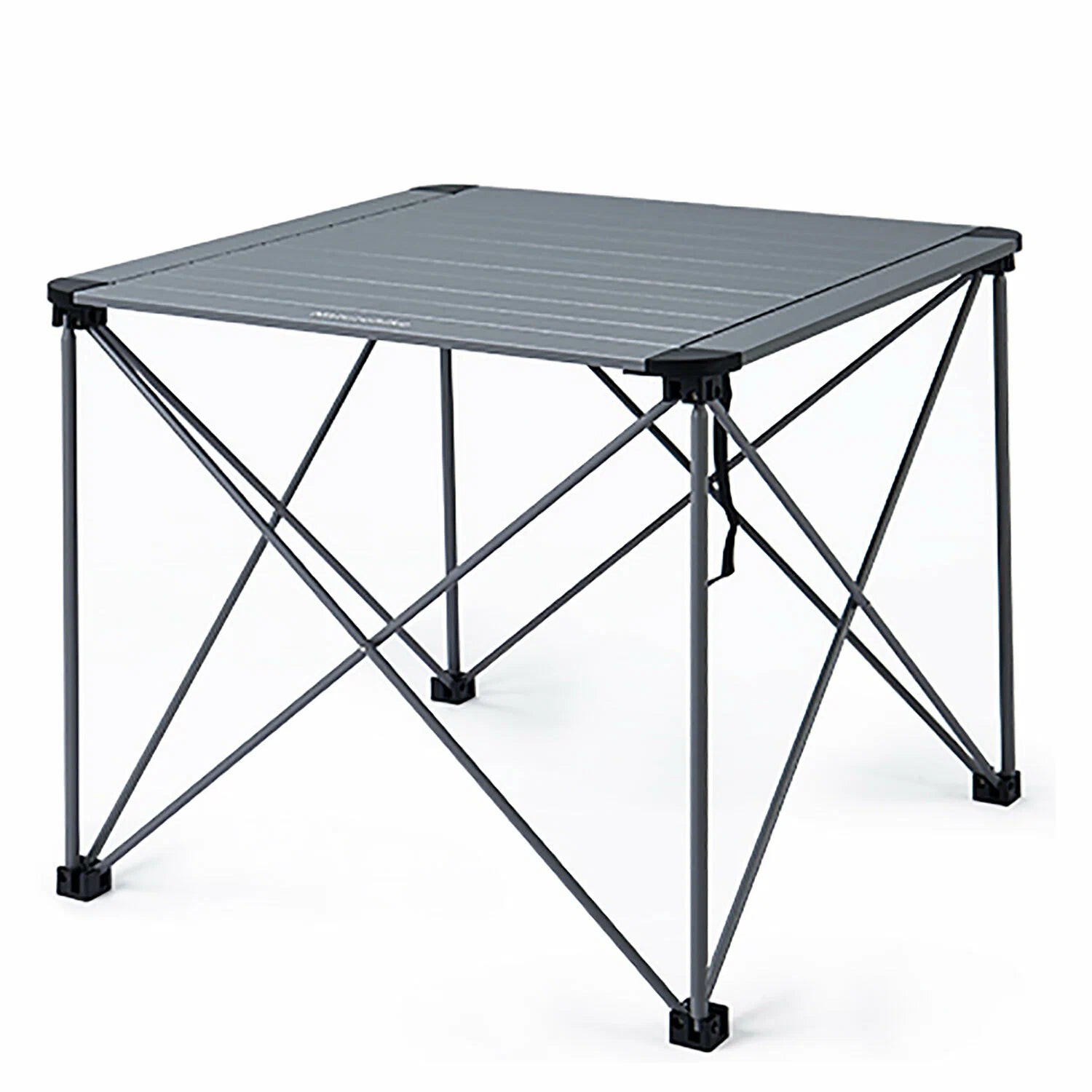 Portable folding table with a gray top and black legs on a white background