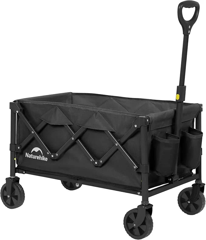 Black folding wagon with handle on a white background