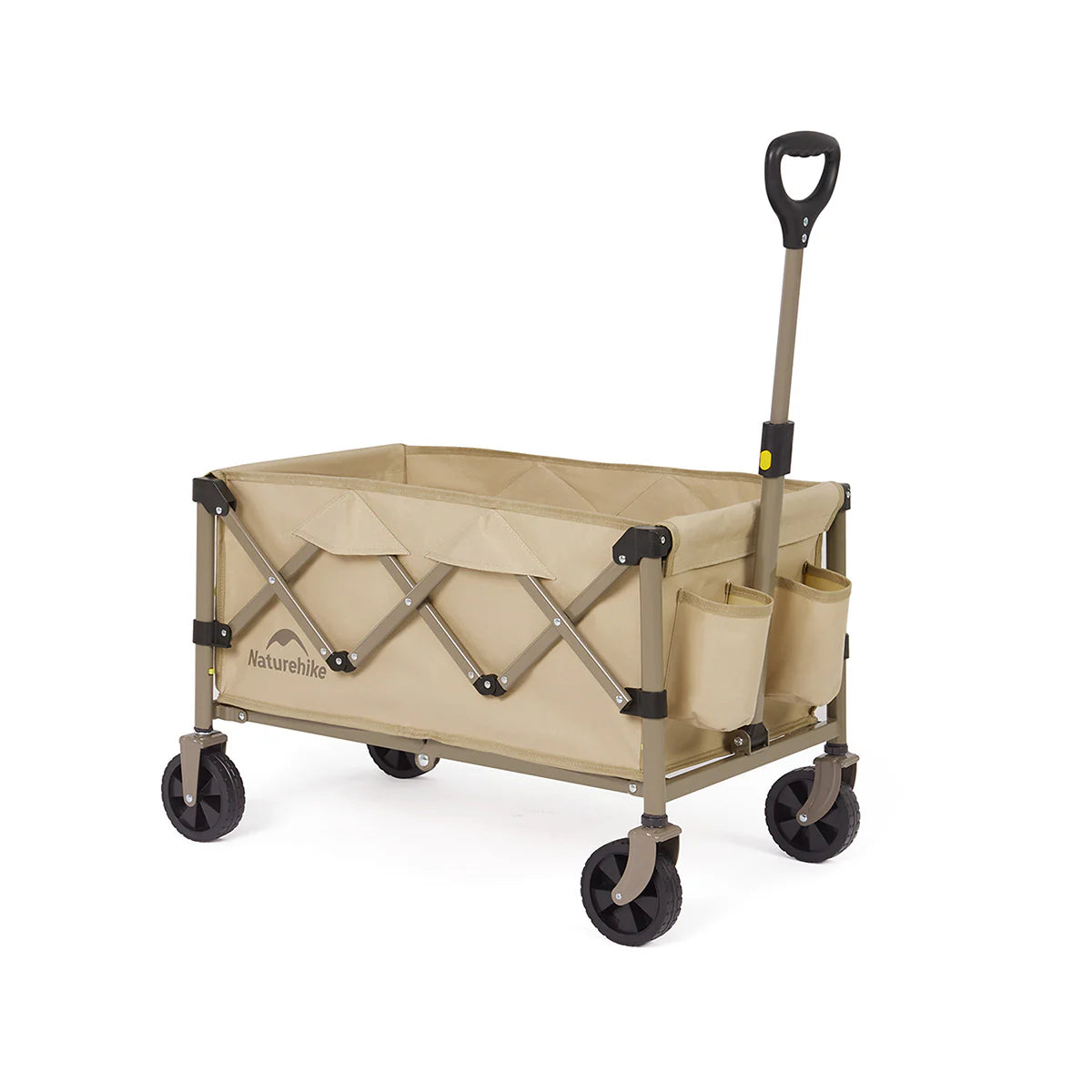 Beige folding wagon with a handle on a white background