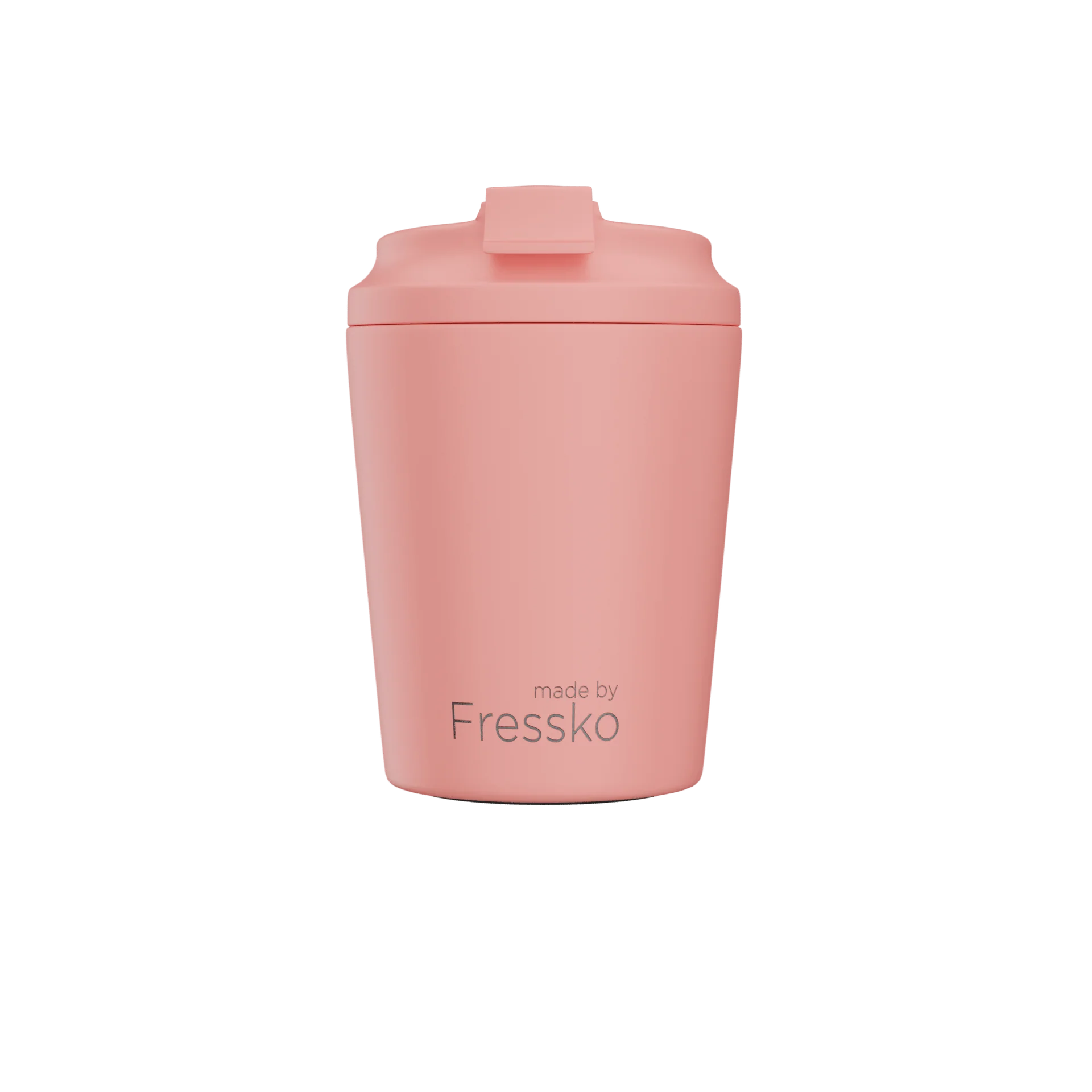 Pink tumbler with a lid on a white background, branded 'made by Fressko'.