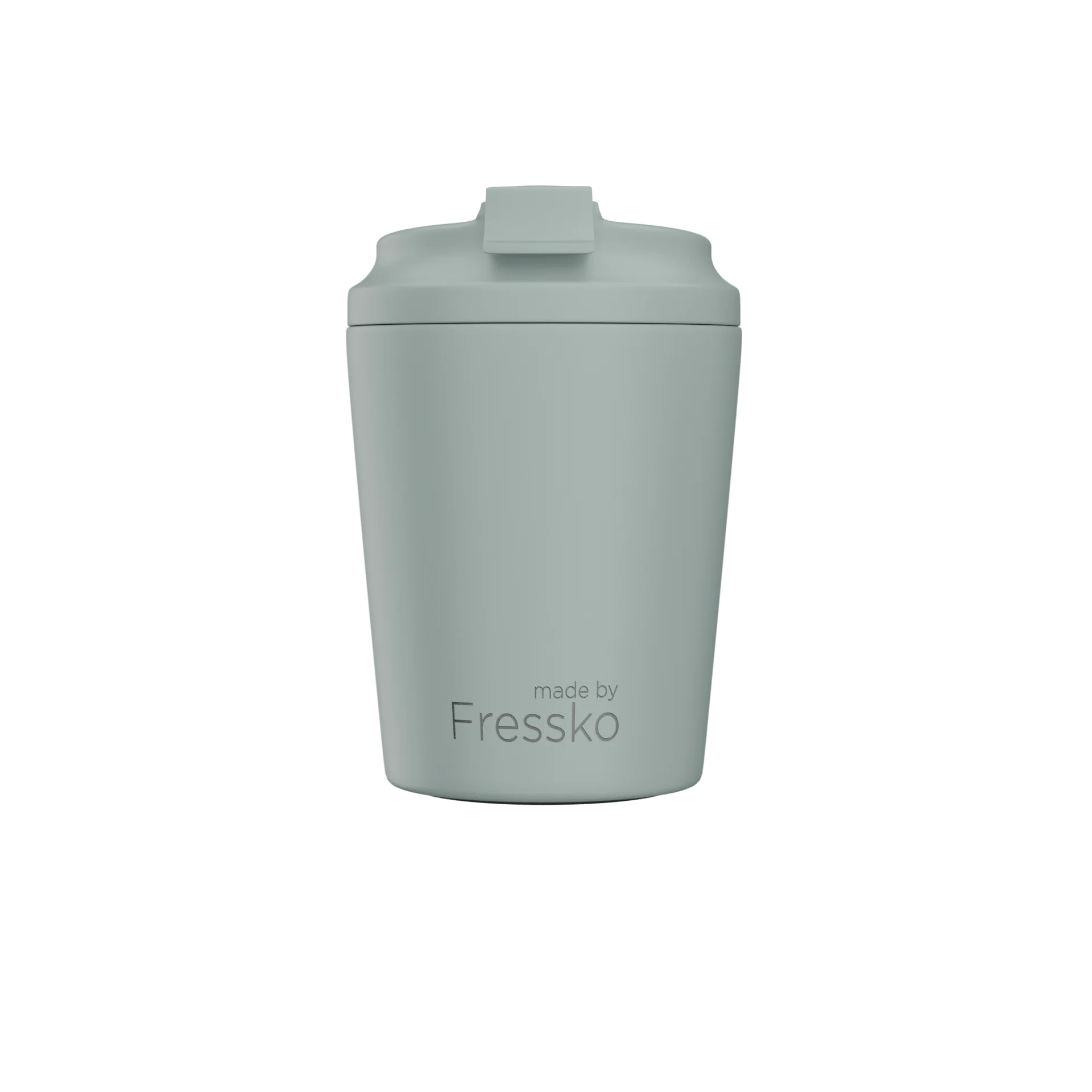 Light gray tumbler with lid on a white background, branded 'made by Fressko'.