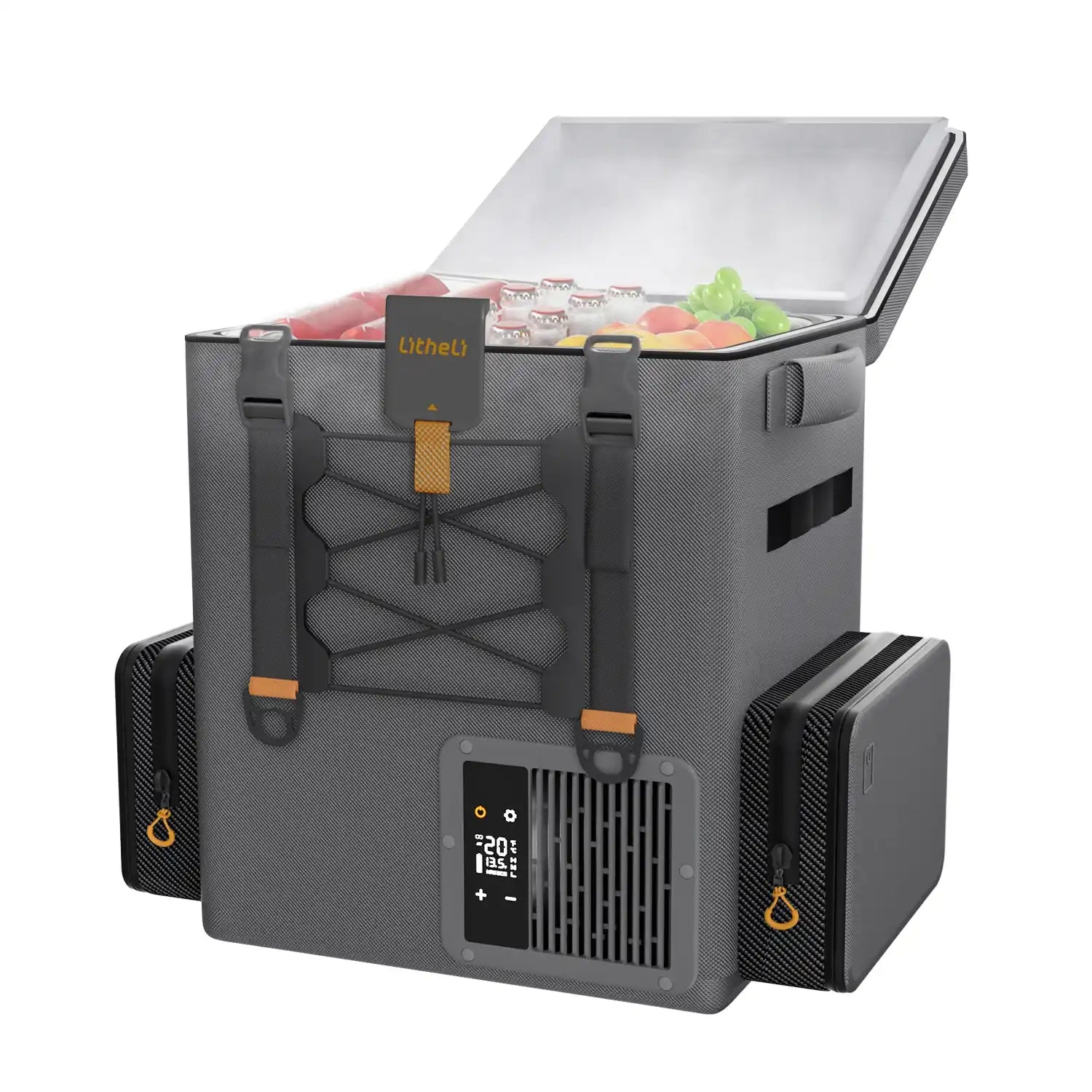 Portable cooler bag with digital display and food items inside on a white background