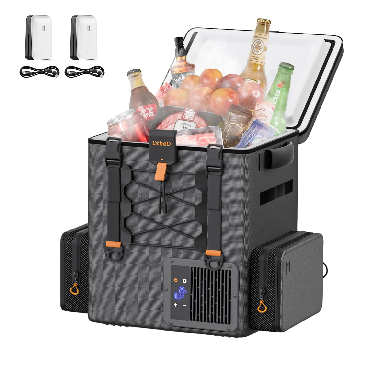 Portable cooler with food and drinks on a white background