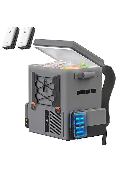 Portable cooler with food items on a white background
