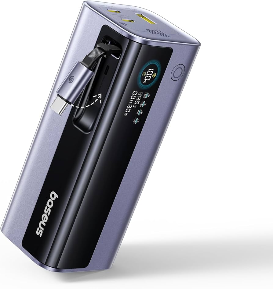 Portable power bank with multiple charging ports on a white background