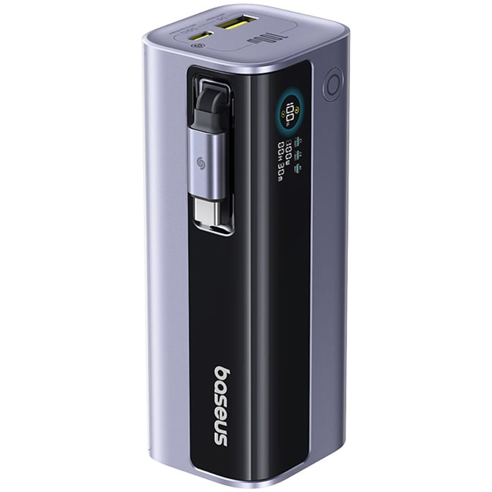 Black and silver power bank with 'baseus' branding on a white background