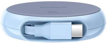 Blue wireless charger with cable on a white background