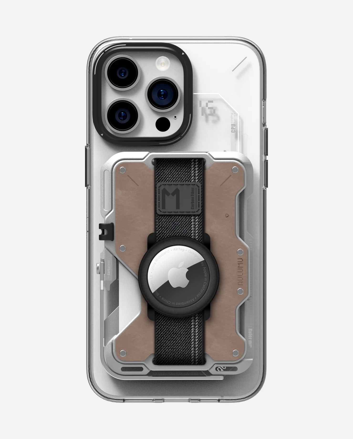 Phone case with clear back and brown accents on a white background