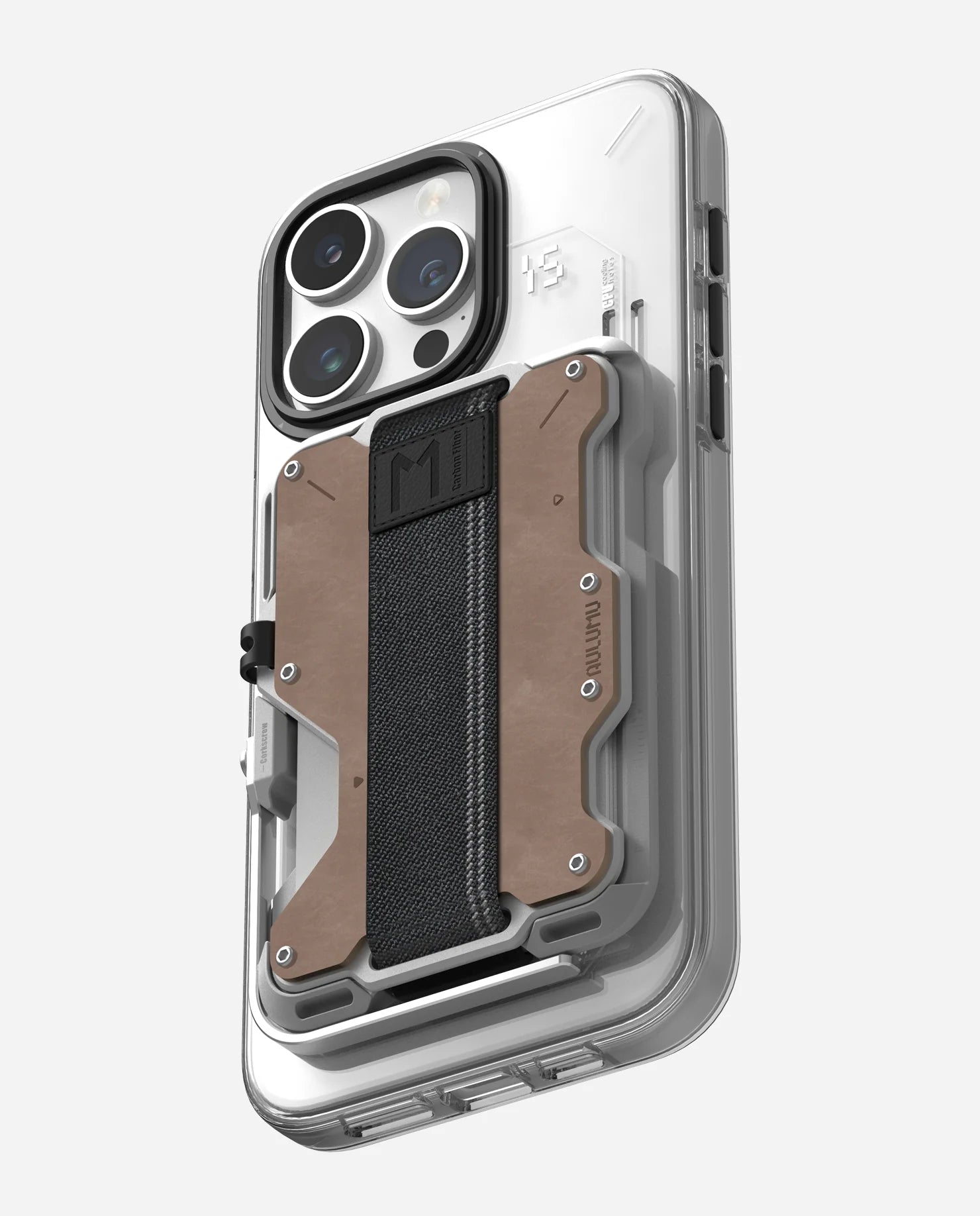 Phone case with a clear back and brown front on a white background