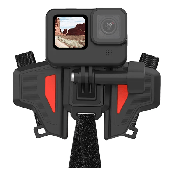 Action camera with a black and red mount on a white background