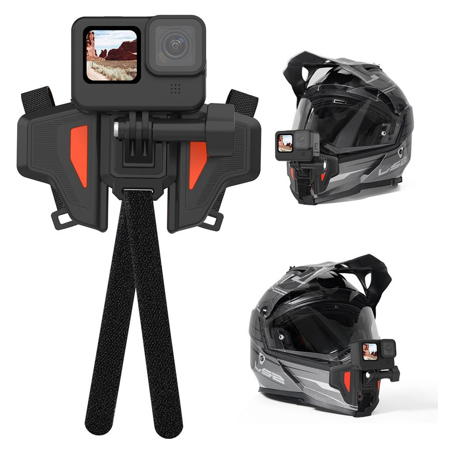 Action camera with mount, tripod, and two helmets with mounted cameras on a white background