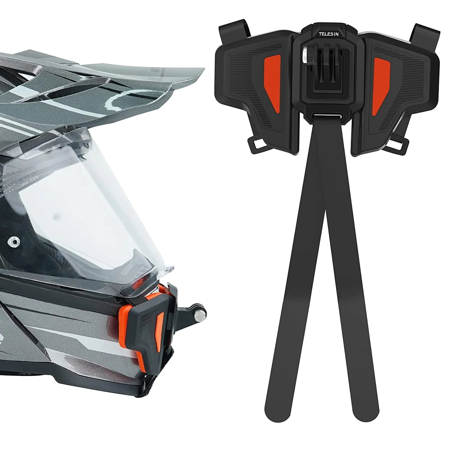 Helmet with a Telesin camera mount on a white background