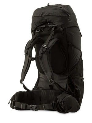 Black backpack with multiple compartments and straps on a white background