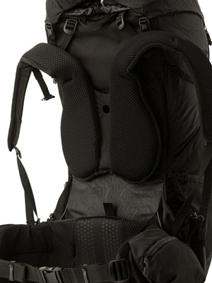 Close-up of a black backpack with a focus on the backrest and straps.