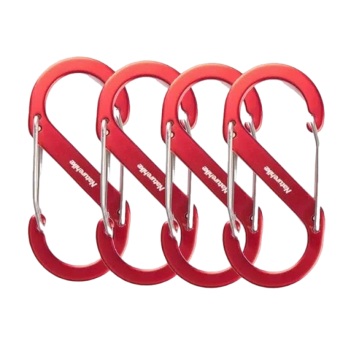 Four red carabiners with silver clips on a white background