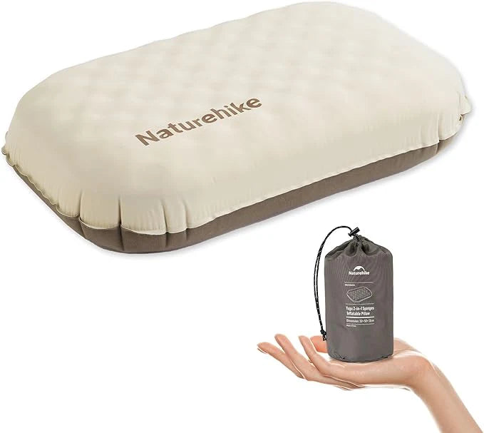 Inflatable camping pillow with Naturehike branding and a matching carrying bag.