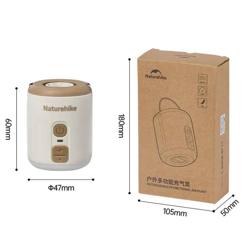Naturehike air pump with dimensions and packaging on a white background