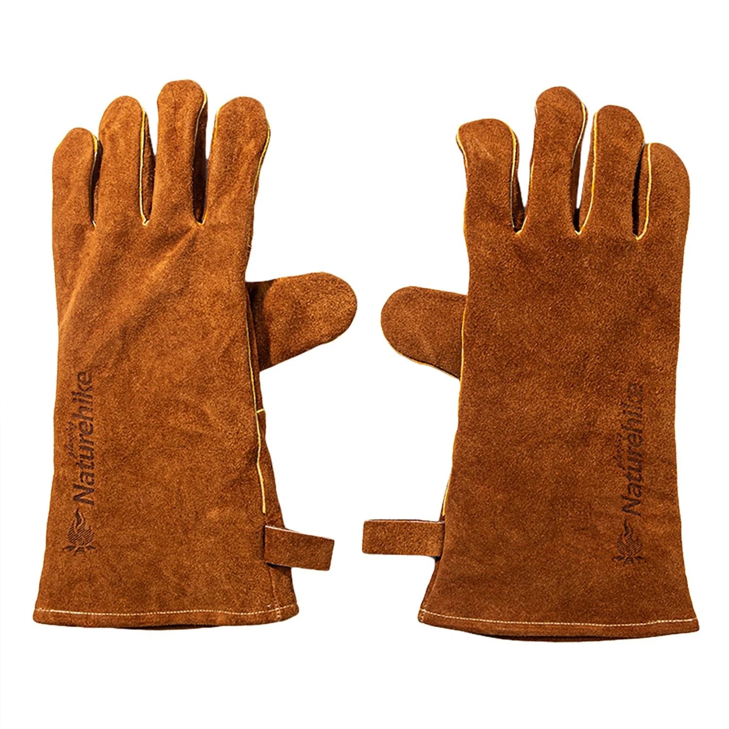 Pair of brown leather gloves with 'Naturehike' branding on a white background