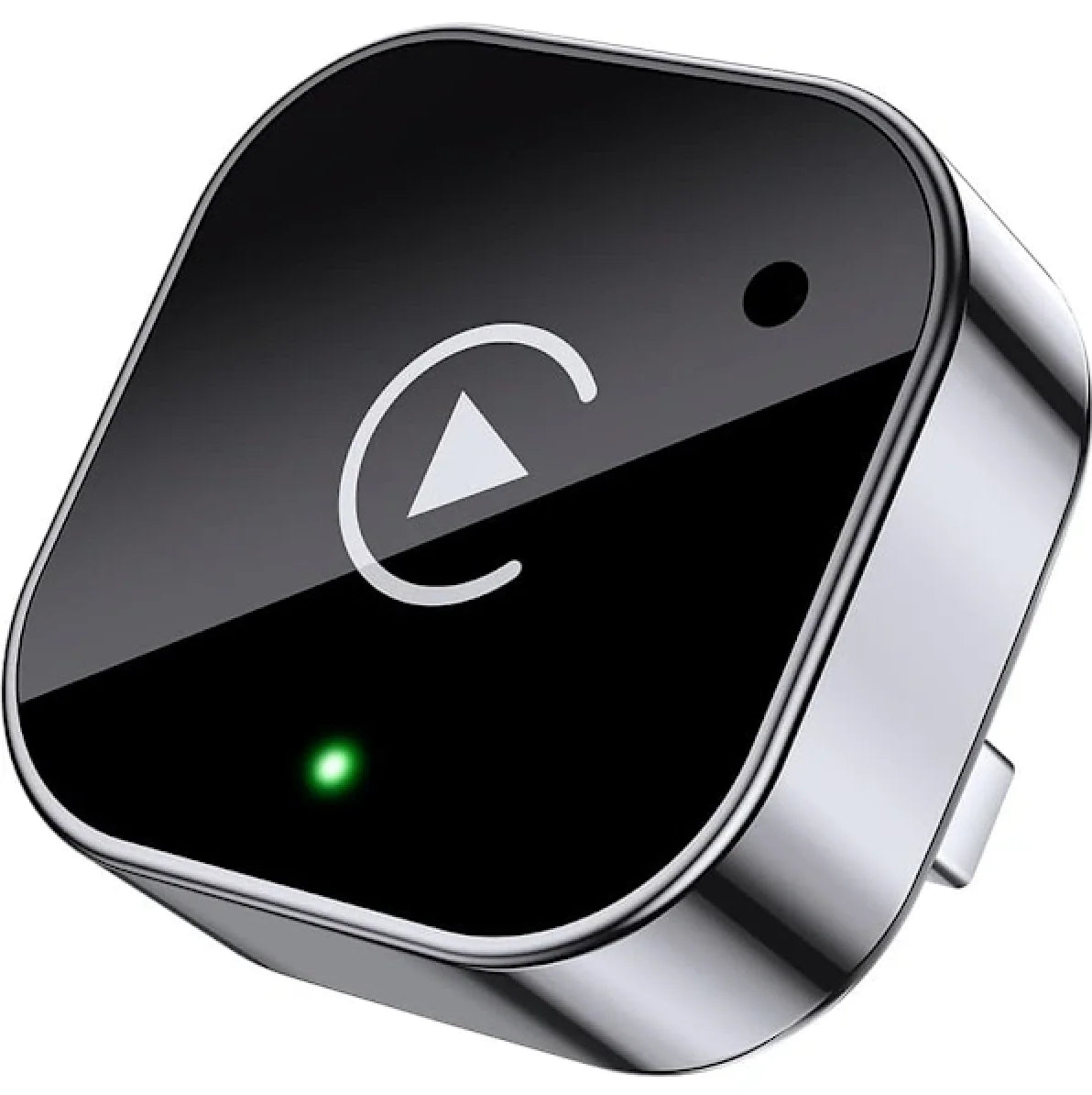 Black electronic device with a silver border on a white background
