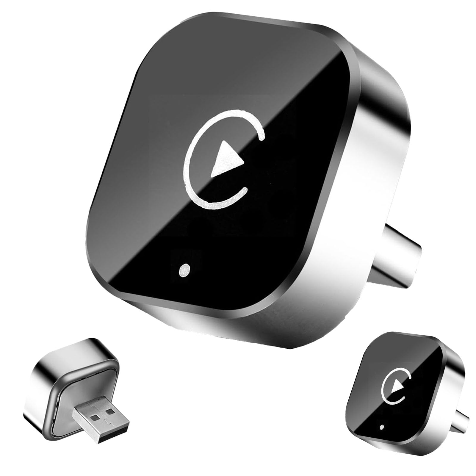 Black and silver Bluetooth receiver with USB connector on a white background