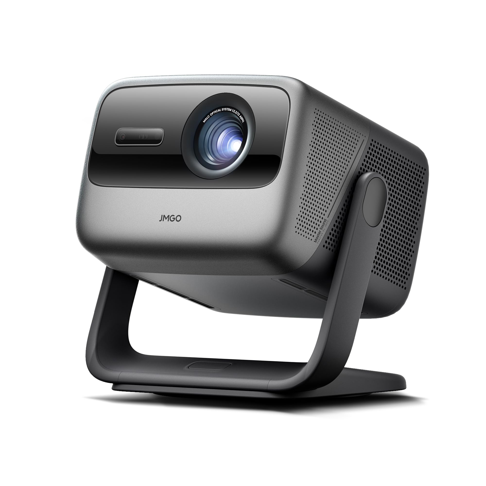 Black JMGO projector on a white background