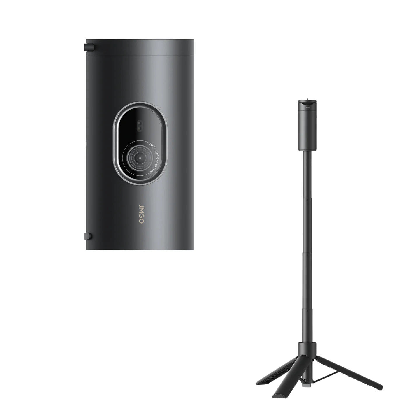 Black camera on a stand with tripod on a white background