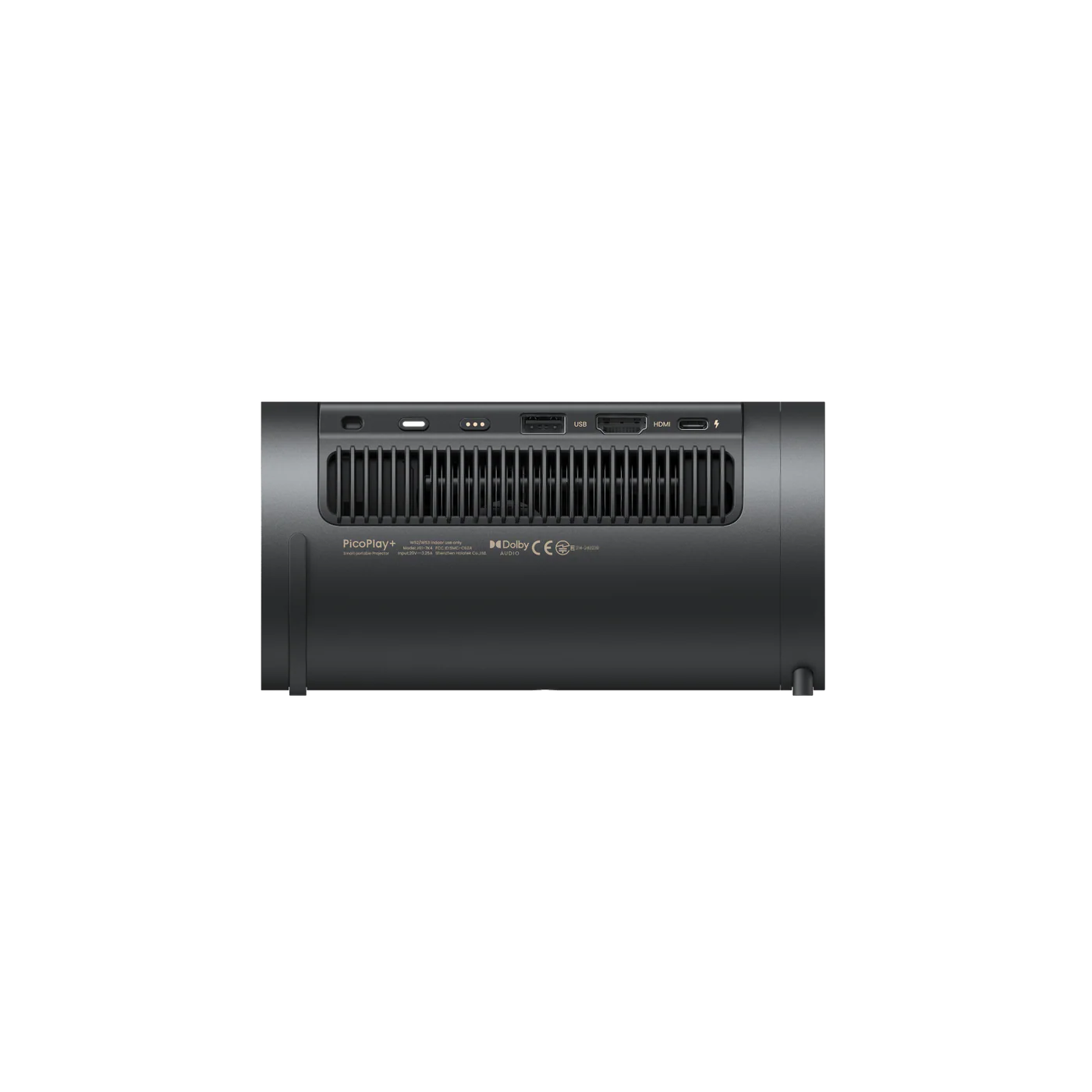 Black electronic device with brand logo on a white background