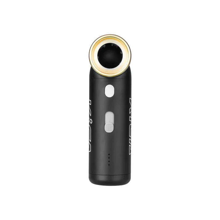 Black handheld device with a gold circular component on a white background