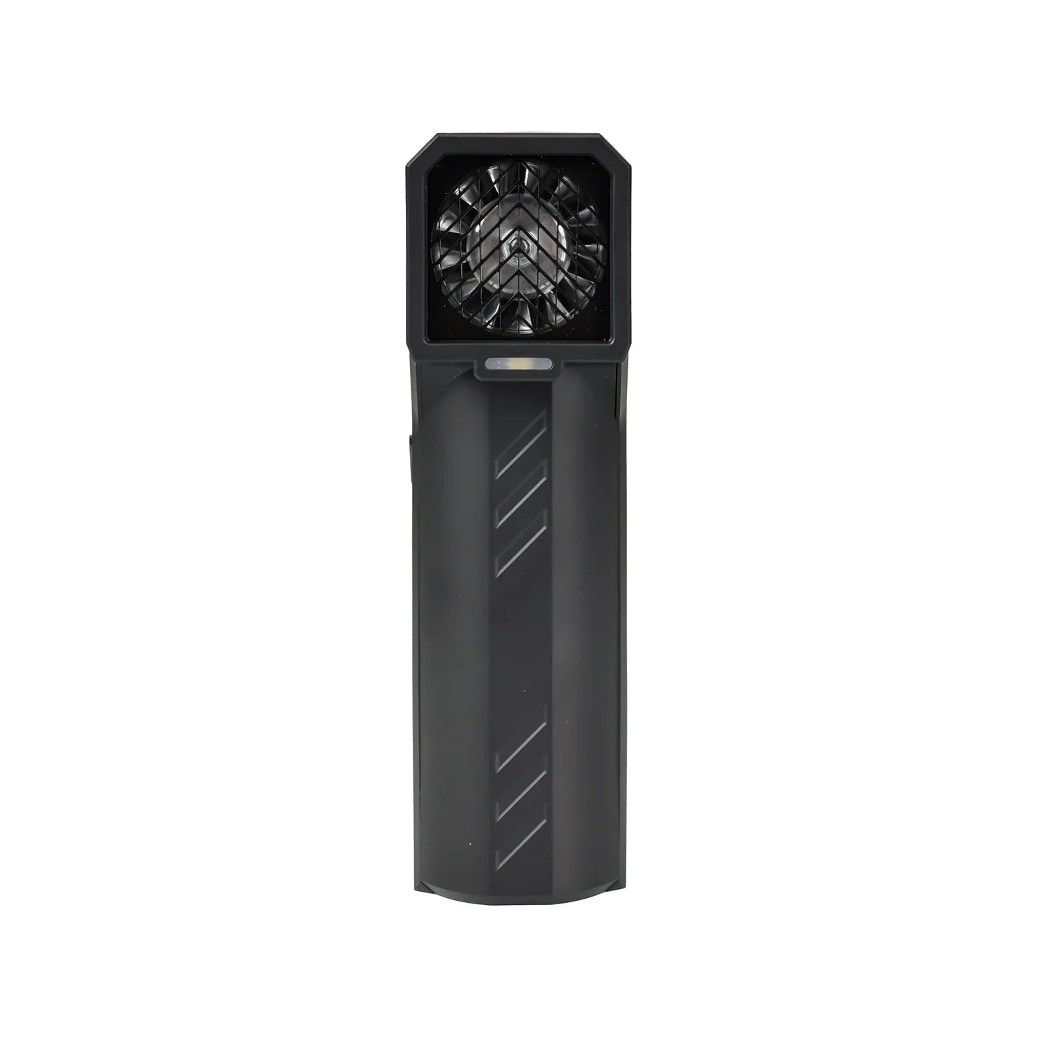Black handheld device with a fan on a white background