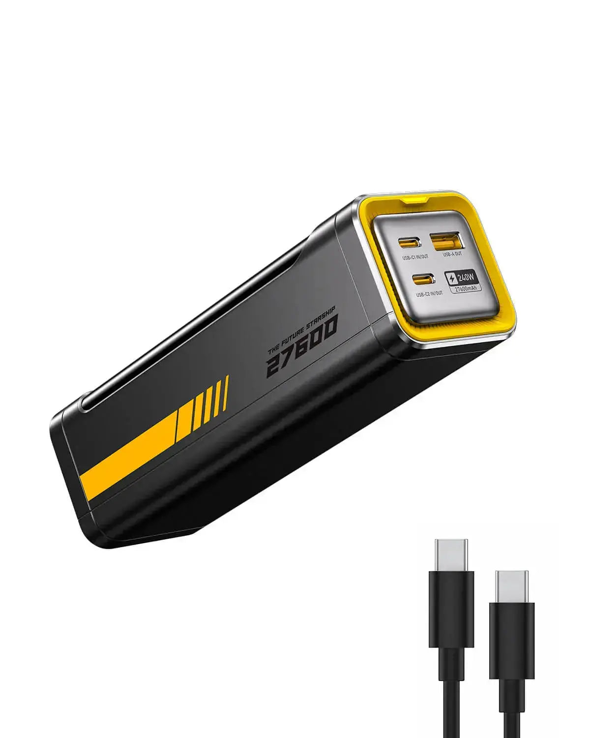 Black and yellow portable charger with USB-C cable on a white background