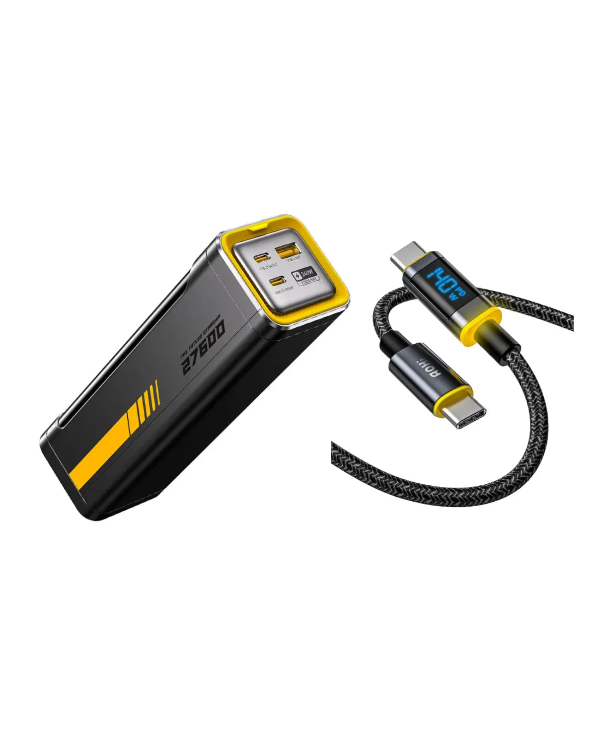 Black and yellow USB device with charging cable on a white background