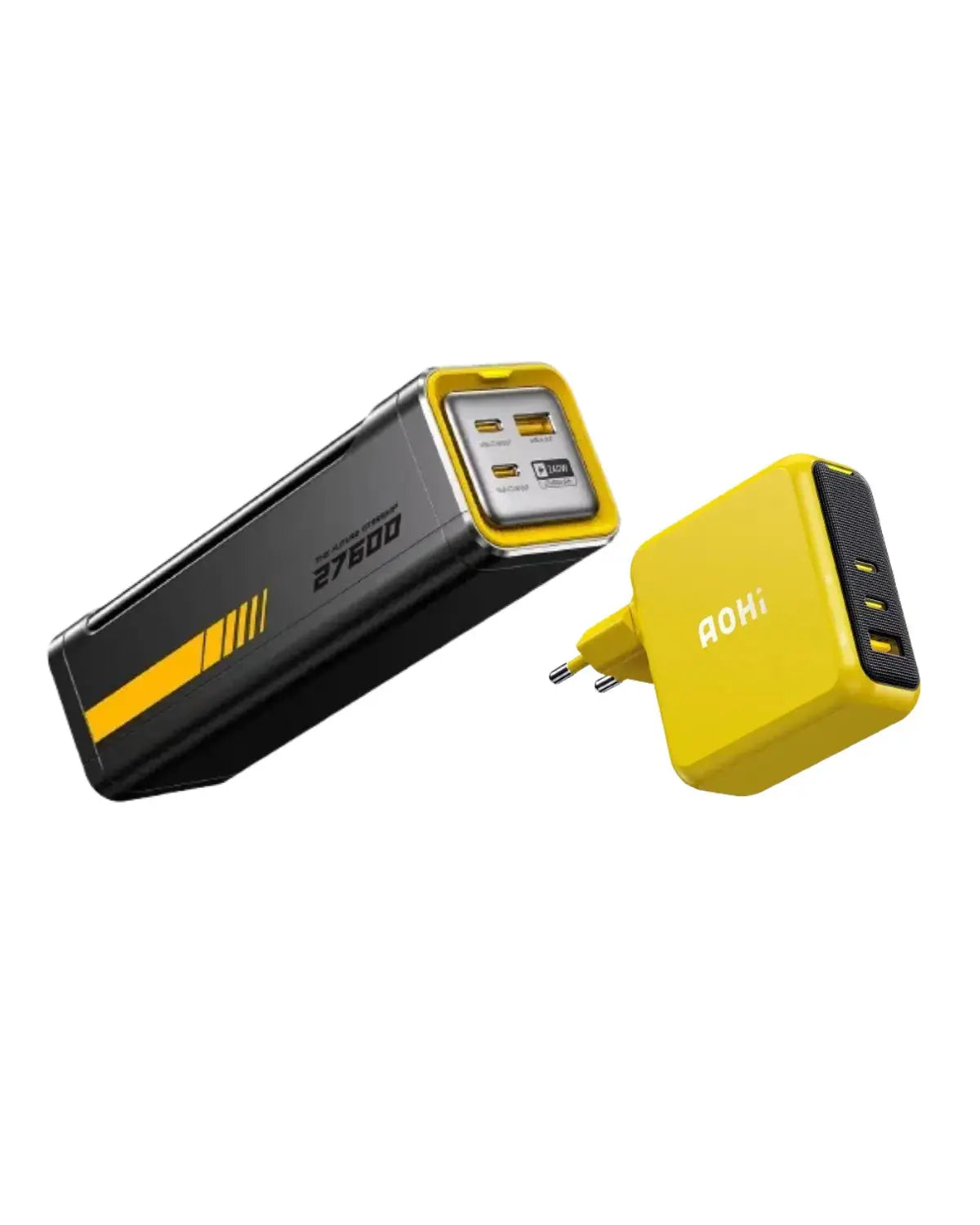 Yellow and black power bank with plug adapter on a white background