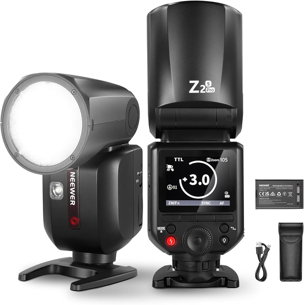 Camera flash equipment with 'Neewer' and 'Zs Pro' branding on a white background