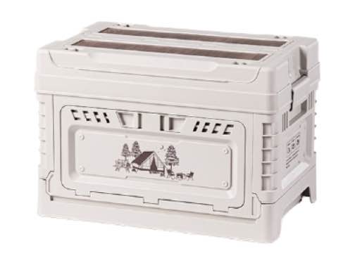 White storage crate with camping design on a white background