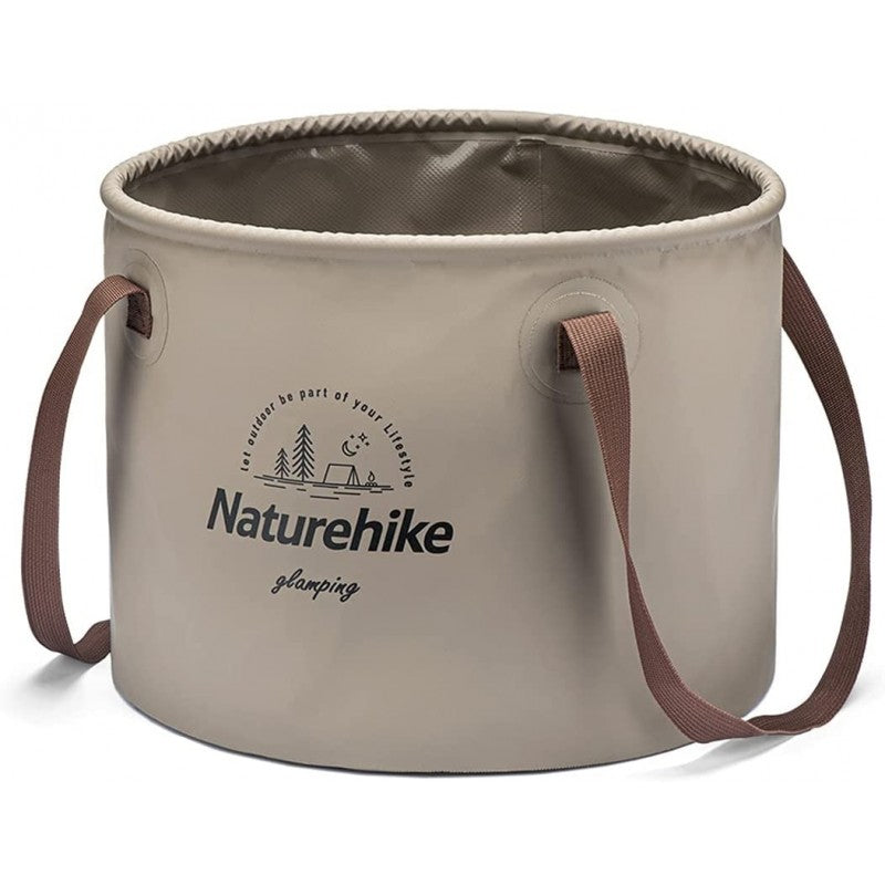 Beige camping bucket with brown straps and 'Naturehike glamping' logo on a white background