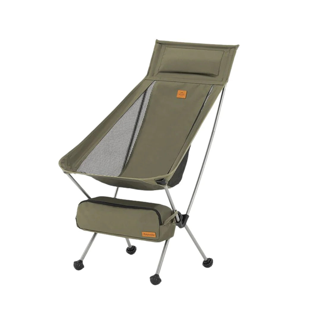 Green camping chair with footrest on a white background