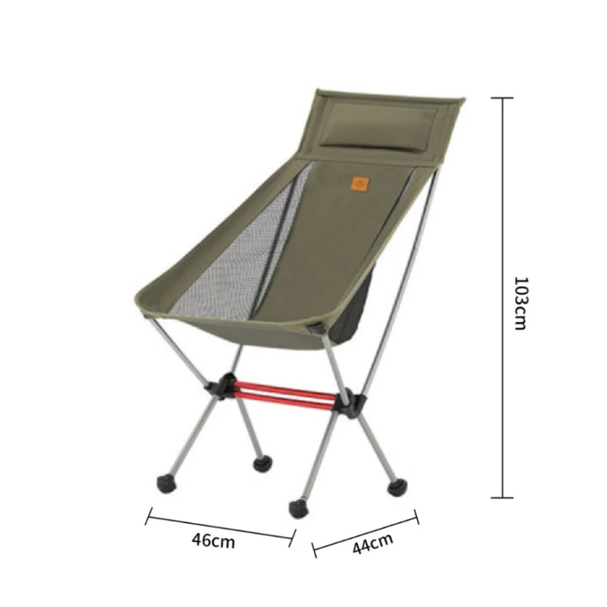 Green camping chair with dimensions on a white background